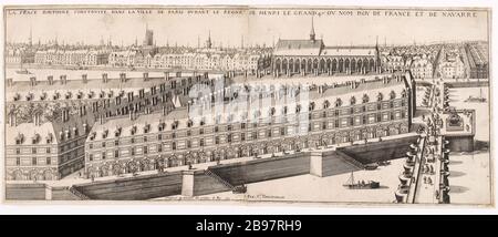PLACE DAVPHINE CONSTRVITE DANS LA VILLE DE PARIS DVRANT LE RÈGNE D'HENRY LE GRAND NOM DE DV ROY DE FRANCE ET NAVARRE. Claude Chastillon (1559-1616). La place Davphine contraint dans la ville de Paris dvrant le règne de Henri le Grand 4 DV nom Roy de France et de Navarre. Eau-forte et burin. Paris, musée Carnavalet. Banque D'Images