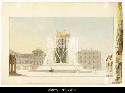 Projet Fontaine d'éléphant, place de la Bastille. 4ème, 11ème et 12ème arrondissement Théodore Junq (1803-1865). Projet de la fontaine de l'Éléphant, place de la Bastille. 4ème, 11ème et 12ème arrondissement. Panache, encre noire et lavis d'aquarelle. Paris, musée Carnavalet. Banque D'Images