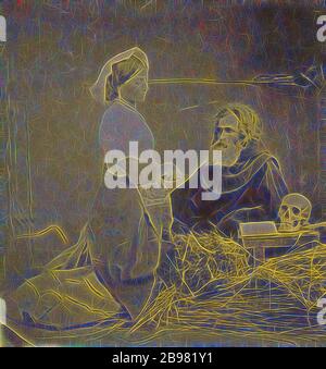 Genre: Femme à genoux devant l'homme barbu blanc, crâne et livre ouvert sur petite table, Inconnu, vers 1860, l'impression argentée d'albumine, reimaginé par Gibon, conception de chaleureux gai lumineux et rayonnant de lumière radiance. L'art classique réinventé avec une touche moderne. Photographie inspirée par le futurisme, embrassant l'énergie dynamique de la technologie moderne, le mouvement, la vitesse et révolutionnez la culture. Banque D'Images