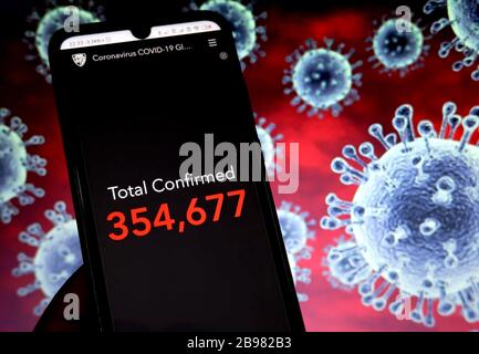 Inde. 23 mars 2020. Dans cette photo, la carte des cas affectés globaux Coronavirus COVID-19 par le Centre pour la science et l'ingénierie des systèmes (CSSE) de l'Université Johns Hopkins (JHU) est affichée sur un téléphone mobile montrant les patients atteints du virus Corona traversés 354677.Coronavirus (COVID-19) est une maladie infectieuse qui se propage partout monde et plus de 13000 morts. Crédit: Avishek Das/SOPA Images/ZUMA Wire/Alay Live News Banque D'Images