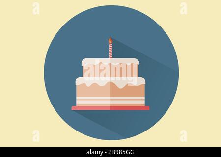 Gâteau d'anniversaire plat avec une bougie dans un cercle bleu et isolé sur fond. Icône pour l'anniversaire et le concept de célébration. Illustration de Vecteur