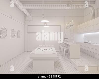 le rendu tridimensionnel d'un appartement d'une pièce dans un style industriel. Illustration de la cuisine de conception intérieure avec décoration en mezzanine Banque D'Images