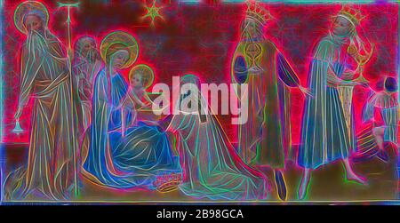 Adoration des Mages avec Saint Anthony Abbot, Maître franco-flamand (français ou flamand, Bourgogne actif, France vers 1400), ou France, vers 1390 - 1410, huile et tempera avec feuille d'or et d'argent sur panneau, panneau: 104.8 × 188.6 × 4.4 cm (41 1/4 × 74 1/4 × 1 3/4 po), repensé par Gibon, design de lumière chaleureuse et gaie, rayonnant de la luminosité et de rayons de lumière. L'art classique réinventé avec une touche moderne. Photographie inspirée par le futurisme, embrassant l'énergie dynamique de la technologie moderne, le mouvement, la vitesse et révolutionnez la culture. Banque D'Images