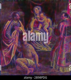 Attribué à Alessandro Maganza, la Vierge à l'enfant avec Saint Martin et Saint Petronius, Madonna avec l'enfant et Saint Martin et Saint Petronius, peinture, 1590, huile sur toile, hauteur, 200 cm (78.7 pouces), largeur, 190, cm (74.8 pouces), daté, réimaginé par Gibon, design chaleureux et joyeux, lumineux et radiance des rayons lumineux. L'art classique réinventé avec une touche moderne. Photographie inspirée par le futurisme, embrassant l'énergie dynamique de la technologie moderne, le mouvement, la vitesse et révolutionnez la culture. Banque D'Images