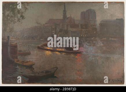 Bateau-Mouche sur la Seine en soirée devant notre Dame (1890) Adolphe Gumery (1861-1943). Bateau-Mouche sur la Seine, le soir, devant notre-Dame. Paris. Huile sur carton, 1890. Paris, musée Carnavalet. Banque D'Images