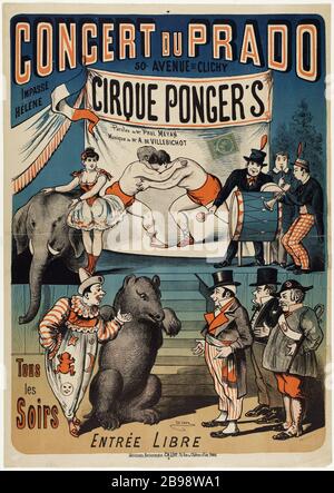 CONCERT DU PRADO, 50. AVENUE CLICHY, IMPASSE HÉLÈNE, Ponger DU CIRQUE, Lyrics M. PAUL Meyan, M. A. DE VILLEBICHOT Music, tous les soirs, ENTRÉE GRATUITE Charles Lévy. 'Concert du Prado, 50, avenue de Clichy, impasse Hélène, Cirque Ponger's, paroles de M. Paul Meyan, musique de M. A. de Villebichaud, tous les Soirs, entré libre'. Lithographie couleur. 1880-1900. Paris, musée Carnavalet. Banque D'Images