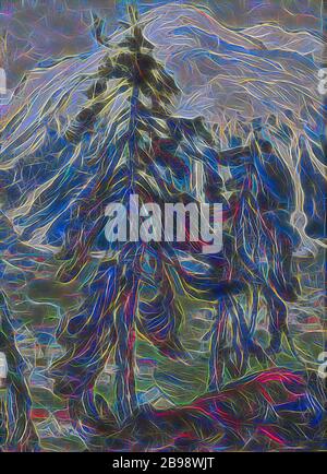 Anna Boberg, arbres de sapin en face des montagnes, Etude du nord de la Norvège, Granar en face des montagnes, Etude de Nordlandet, peinture, huile sur carton, hauteur, 29 cm (11.4 pouces), largeur, 22 cm (8.6 pouces), réimaginé par Gibon, conception de lumière chaude et gaie rayonnante de la luminosité et de rayons lumineux radiance. L'art classique réinventé avec une touche moderne. Photographie inspirée par le futurisme, embrassant l'énergie dynamique de la technologie moderne, le mouvement, la vitesse et révolutionnez la culture. Banque D'Images