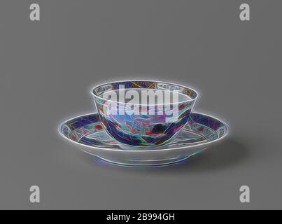 En forme de tasse et soucoupe avec un paysage montagneux avec pavillon, rivière et arbres, en forme de cloche, tasse et soucoupe en porcelaine peinte sur l'émail en bleu, rouge, rose, vert, noir et or. Sur la plaque du plat d'un paysage de montagne avec un pavillon, une rivière, des arbres et des gens sur un pont, sur le mur deux bandes : l'un avec lotus vignes et une avec travail serviette intercalés avec un cartouche avec vrilles angulaire. La tasse avec la même décoration. Famille rose., anonyme, la Chine, l'c. 1730 - c. 1740, dynastie Qing-(1644-1912) / Yongzheng-période (1723-1735) / période de Qianlong (1736-1795), porcelaine (ma Banque D'Images