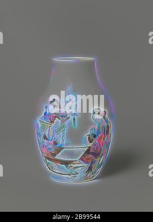 Vase ovoïde avec quatre femmes et deux enfants à une table et une inscription, en forme d'oeuf avec un grand vase en porcelaine, cou court, peinte sur l'émail en bleu, rouge, rose, vert, jaune, violet, noir et or. Sur le mur d'une scène de deux 'go' jouant les dames à une table avec quatre personnes, deux femmes et deux enfants, à côté de la spectateurs un vase à fleurs, derrière la lecture d'une table avec des femmes (antiquités vase aux plumes de paon, corail, sceptre, musique, encens en pierre), à côté de la table deux grands vases. De l'autre côté une inscription "Photo d'un jeu' go ', peint le jour de Fleurs Banque D'Images