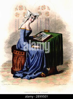 1400 c, FRANCE: La femme française née en italie poète CRISTINA DA PIZZZANO ( 1364 - 1430 CA ) aka CHRISTINE DE PIZAN ou PISAN . Gravure de Geille à partir d'un dessin de Bouterack , pubbloui en 1846 . Auteur à la cour du roi Charles VI de France . Elle se souvient mieux de défendre les femmes dans le Livre de la Ville des femmes et le Trésor de la Ville des femmes . Vénitienne à la naissance, Christine était une éminente penseur moraliste et politique dans la France médiévale .- LETTERATURA - LITTÉRATURE - scrittore - ritratto - portrait - POETESSA - POETA - POESIA - POÉSIE - voile - velo - lecteur - lettrice - lettor Banque D'Images