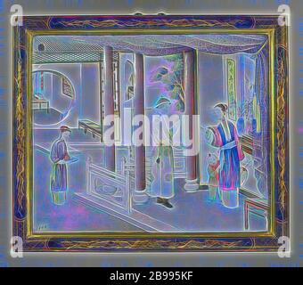 Panneau avec émail sur cuivre, UNE performance peinte dans les e-mails sur une plaque de cuivre. Un homme, une femme et un enfant sont dans un pavillon, un serviteur vient avec du thé. Les figures et les éléments architecturaux sont montrés quelque peu en relief. Un rideau entoure la représentation en haut et à droite. Cadre original avec laque noire et écureuils et vignes en or, Jean Theodore Royer, anonyme, Chine, 1760 - 1780, cuivre (métal), bois (matériel végétal), laque (revêtement), peinture, h 44.5 cm × l 52.5 cm, repensé par Gibon, conception de lumière chaude et gaie de la brillance et de rayons de rayonnement. Art classique Banque D'Images