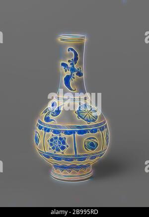Vase bouteille en forme de poire avec symboles auspicieux et fleurs stylisées, en forme de bouteille, vase de porcelaine avec un corps en forme de poire et à long cou, peint en bleu sous glaçure. Sur le ventre deux bandes divisé en compartiments avec symboles chanceux (chakra) et de fleurs stylisées, séparées par deux rubans. Une fleur stylisée deux fois sur le cou. Un groupe avec motifs feuilles soulevées autour du pied. Une bande décorative sur le pied. Bleu et blanc., Jean Théodore Royer, anonyme, la Chine, l'c. 1680 - c. 1720, Qing Dynasty, Kangxi (1644-1912) / (1662-1722) période, Porcelaine, glaçure (matériel), le cobalt (minéral), vitri Banque D'Images