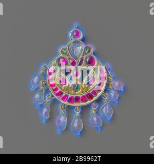 Bijou du front (tika) bijou du front (tika) bijou du front (tika), UN ornement du front (tika) en forme de croissant de lune doré, avec un bouquet de bijoux. Tout est incrusté de pierres rouges et vertes et de éclats de diamant. Neuf perles pendent du croissant., anonyme, Surat, c. 1750, or (métal), perle, diamant (minéral), h 4.5 cm, repensé par Gibon, design chaleureux et gai lumineux de la luminosité et de rayons de lumière radiance. L'art classique réinventé avec une touche moderne. Photographie inspirée par le futurisme, embrassant l'énergie dynamique de la technologie moderne, le mouvement, la vitesse et révolutionnez la culture Banque D'Images