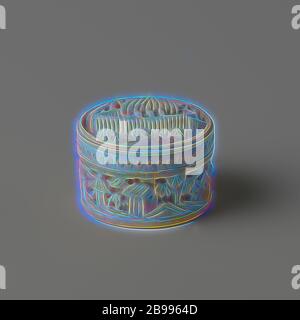 Petits, ronds, ivoire fort gravée nacre jetons, boîte ronde avec un couvercle bombé. Le couvercle et les côtés décorés en haut relief. Sur le couvercle une curieuse représentation de trois arbres entourés d'une clôture, sur les côtés un paysage avec des maisons sans figures, un bas-relief fleur sur le bas. À l'intérieur du couvercle un vague reste d'un caractère chinois à l'encre de Chine. Les jetons ont une amende à bord dentelé et sont gravés par diverses bandes décoratives, étroit. Dans le centre à l'avant un chinois par un arbre. Tous les jetons (12 ?) sauf un sont serrés dans la boîte. Ce fort fut probablement par Banque D'Images