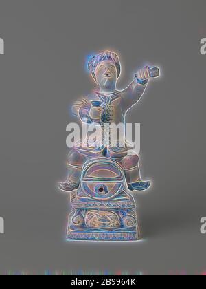 Fût à alcool en forme de Dutchman assis à cheval sur un baril, capuchon en forme de tête pour pichet à gin en porcelaine, peint en bleu sous-glaçure. Sur la tête un chapeau à plumes. Bleu blanc., anonyme, Japon (éventuellement), c. 1750, époque Edo (1600-1868), porcelaine (matériau), glaçure, cobalt (minéral), vitrification, h 8 cm × l 6.5 cm × d 6.9 cm, repensé par Gibon, conception de lumière chaude et gaie de la brillance et de la radiance des rayons de lumière. L'art classique réinventé avec une touche moderne. Photographie inspirée par le futurisme, embrassant l'énergie dynamique de la technologie moderne, le mouvement, la vitesse et révolutionne cul Banque D'Images