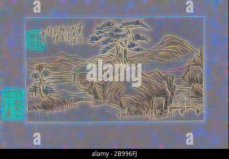 Paysage, feuille d'album avec un paysage. Signé par Cheng Men, connu comme un peintre de porcelaine à Jingdezhen., Cheng Men, Shexian, 1850 - 1900, encre, papier, h 24 cm × l 20 cm, réimaginé par Gibon, conception de chaleureux brillant gai de la luminosité et de rayons de lumière radiance. L'art classique réinventé avec une touche moderne. Photographie inspirée par le futurisme, embrassant l'énergie dynamique de la technologie moderne, le mouvement, la vitesse et révolutionnez la culture. Banque D'Images