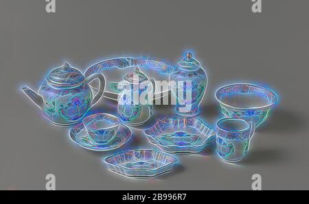 Swellengrebel service' avec un double monogramme couronné et une frontière avec des parchemins, 31 pièces de service en porcelaine comprenant une théière, pot à lait, thé caddy, sucrier, évier, lave vaisselle, 2 pattipans, oreillettes 6, 8 tasses et 9 soucoupes peints sur l'émail en bleu, rouge, rose, vert, jaune, noir et or. Avec un monogramme couronné, double miroir avec 'VA' et 'CHTD' entouré de motifs shell, les boucles et les sprays de fleurs, l'autre côté avec une vrille lotus, l'intérieur d'une bande de fleurs floral morte, une rosette sur le fond. La représentation européenne dans les couleurs de l'émail., anonyme, la Chine, l'c. 1740, Banque D'Images