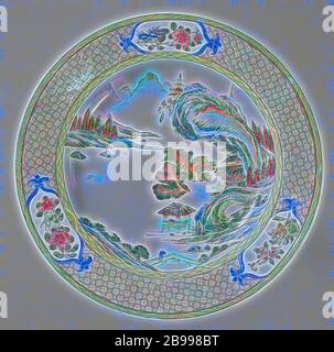 La plaque d'eau profonde avec un paysage avec des pavillons, arbres et montagnes, profonde assiette de porcelaine, couvert d'un glaçage rose et peint sur la glaçure en bleu, rouge, rose, vert, jaune, violet, noir et or. Sur la télévision une rivière paysage avec un bateau, pavillons, un groupe de travail sur la serviette avec mur, la frontière avec un large et d'une étroite bande de serviette de travail, le vaste entrecoupées de trois cartouches avec des branches de fleurs et de fruits. Le dos est recouvert d'un glaçage rose. Famille rose d'un rubis retour., anonyme, la Chine, l'c. 1730 - c. 1745, dynastie Qing-(1644-1912) / Yongzheng-période (1723-1735) / Qianlo Banque D'Images