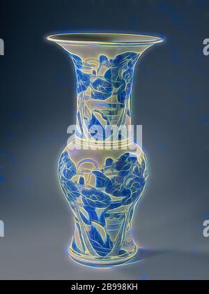 Vase Baluster avec cerfs et grues dans un paysage aquatique, vase en porcelaine en forme de Baluster avec une bouche en trompette, peint en bleu sous-brillant. Sur le mur un paysage de rivière avec deux cerfs, une grue volante et un sur une branche d'un pin. Même décoration sur le cou. Le bord extérieur avec une bande avec des motifs de laine. Le fond avec un double cercle. Bleu blanc., anonyme, Chine, c. 1675 - c. 1699, dynastie des Qing (1644-1912) / période Kangxi (1662-1722), porcelaine (matériau), glaçure, cobalt (minéral), vitrification, h 45.7 cm d 23.2 cm d 14 cm, repensé par Gibon, design de chaleureux gai brillant de b Banque D'Images