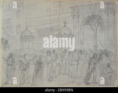 L'entrée du passage Jouffroy sur le boulevard Montmartre, en janvier 1871. Gustave Doré (1832-1883). 'L'entrée du passage Jouffroy sur le boulevard Montmartre, janvier 1871'. Crayon. Paris, musée Carnavalet. Banque D'Images