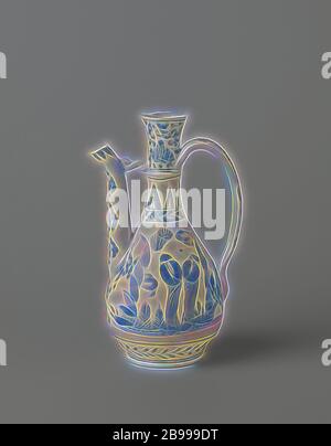 Ewer avec les chiffres dans un paysage floral et morte, tasses verseuse à corps en forme de poire, s'étendant du cou, en forme de c et la tuyère d'oreille droite qui plie légèrement en haut et est attaché au cou. Décor peint en bleu. Sur le ventre deux paysages avec une seule séance et personne debout, les deux autres personnes debout. Autour du pied et sur l'épaule une bande avec une feuille de vigne, sur l'épaulement sur cette bande fait des motifs de feuilles. Le cou avec vrilles lotus. Le déversoir et l'oreille à la fleur de vigne. Arita, bleu et blanc., anonyme, le Japon, l'c. 1650 - c. 1680, période Edo (1600-1868), glaçure, porcela Banque D'Images