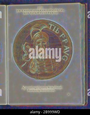 Portrait de l'empereur Tiberius III les images presse de tous les empereurs (titre de la série), Portraits de l'empereur Tiberius III, sur une pièce avec une inscription. L'imprimé fait partie d'un livre sur les empereurs de Jules César à Charles V et son frère Ferdinand, empereur, Tiberius III (empereur de l'Empire romain), Joos Gietleughen, Anvers, 1557 et/ou 1559, papier, impression typographique, h 183 mm × l 182 mm, réimaginé par Gibon, design chaleureux et joyeux, lumineux et radiance des rayons lumineux. L'art classique réinventé avec une touche moderne. Photographie inspirée par le futurisme, embrassant la dynamique fr Banque D'Images