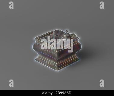 Jeu d'encres de boîte avec plateaux triangulaires, jeu d'encres de boîte. Le pot extérieur carré est sur une base profilée qui se transforme en parois convexes. En haut, une diagonale est placée avec deux ouvertures pour les goupilles. Un récipient triangulaire peut être placé de chaque côté du pneu : un puits d'encre avec couvercle en forme de cloche et charnière simple et de l'autre côté un récipient pour le sable qui a été coupé ouvert au sommet et a un bouton., Hendrik Jacobus van Kleef (I), Rotterdam, c. 1785, étain (métal), fondateur, h 7.5 cm de largeur 6.8 cm, repensé par Gibon, conception de chaleureux gai lumineux et lumineux rayonnant. Art classique Banque D'Images