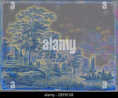 Plaque rectangulaire avec paysage de rivière, plaque de foi avec paysage de rivière. Sur la rive gauche, un village avec des arbres et une église avec une tour de flèche. Sur la droite au premier plan un ferry, sur lequel plusieurs figures et un cavalier à cheval. En premier plan, roseau et broussailles, rivière, traversier, Frederik van Frytom (attribué à), Delft, c. 1670 - c. 1690, h 25.5 cm × l 33.7 cm × d 1 cm, repensé par Gibon, design de lumière chaleureuse et gaie, rayonnant de la luminosité et de rayons de lumière. L'art classique réinventé avec une touche moderne. Photographie inspirée par le futurisme, embrassant l'énergie dynamique du tec moderne Banque D'Images