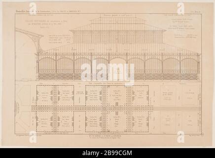 ANNALS NEW CONSTRUCTION - SÉRIE DE SALLES ET DE MARCHÉS NO 1 (PL 1 ET 2.), 1856. SALLES DANS LE BÂTIMENT CENTRAL DE PARIS PAR MR BALTARD, ARCHITECTE DE LA VILLE 1855 PAVILLON N° 9 PLAN DE CAVES, ÉLÉVATION CEILLET. 'Nouvelles annales de la construction - série des Halles et marchés n°1, (pl. 1 et 2). 1856. Halles centrales en construction à Paris par M. Baltard, architecture de la ville 1855, pavillon n°9, plan des grottes, élévatation.' Paris, musée Carnavalet. Banque D'Images