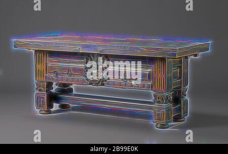 Table de dessin avec les armes de la ville de Genemuiden, table en chêne, décoré avec de l'ébène. Les jambes ont un Piédestal carré avec un squat en forme de vase, d'articulation sur laquelle un feston attaché à anneaux est jointe. Elles sont reliées par une croix en forme de H. Cannelure rushes ou cannelures sur les poteaux de coin. Le tiroir est équipé de deux plaques de fer forgé et les extracteurs en forme de cœur. La poignardé arme de Genemuiden est monté au milieu. L'envers porte l'année 1645 dans l'ébène. De l'hôtel de ville à Genemuiden., anonyme, Pays-Bas, 1645, bois (chêne), le matériel végétal (bois), de l'ébène (bois), H 80 cm × w Banque D'Images