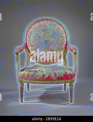 Fauteuil tapissé de tapisserie avec une fille dansante (petite danseuse) (dos) et le fable du héron (siège), fauteuil en bois de hêtre doré, reposant sur des jambes de forme conique. Le fauteuil appartient à un ameulement. Sur le cadre de siège incurvé rose et la lunette arrière ovale couverte, sur fond rose, les représentations sont faites à l'aide de couronnes de fleurs (tapisserie de Beauvais)., Manufacture Royale des Gobelins, France, c. 1755 - c. 1765 et/ou c. 1935, noyer (bois dur), dorure (matériau), ketting, inslag, dorure, h 101 cm × l 78 cm × d 75 cm h 43 cm × d 53 cm, repensé par Gibon, dessin de gaif chaud Banque D'Images