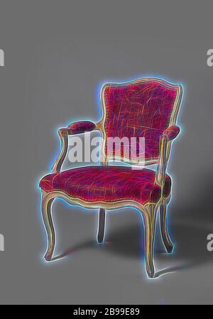 Fauteuil en forme de S sur les pattes avant incurvé, peint en gris et Noyer recouvert de velours rouge avec motif branche rose, fauteuil en noyer peint en gris rouge velours avec clouée avec un motif de la direction générale de rose. Les pattes de devant en forme de S, placé à un angle, fusionner dans l'échelle des lignes de siège sans interruption. Le siège trapézoïdal est légèrement courbée à l'avant et sur les côtés. Les accoudoirs reculent vers l'extérieur, ont pads et fin en volutes. Struts l'accoudoir se fondent dans l'accoudoir dans un S-forme. La fenêtre arrière repose sur les petites jambes de force, de styles et de filons-couches légèrement courbé., anonyme, France, 1750, woo Banque D'Images