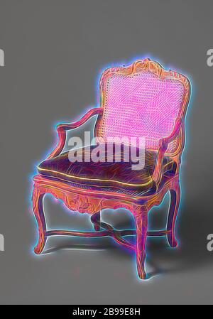 Fauteuil en noyer et hêtre bois avec jambes à angle en forme de S, croix en X avec rosette, fleurs sculptées et leafwork, dossier et assise faite de Reed, avec coussin amovible, fauteuil en noyer et hêtre (ameublement) avec les jambes à angle en forme de S, reliées par une croix en X à l'élingue avec rosette. Les seuils et les règles et les jambes sont décorées avec des motifs de feuilles et fleurs sculptées. Dossier et assise en tissus de l'osier. Coussin séparé de vert émincé de trii (moderne)., anonyme, France, 1750, en bois (matière végétale), noyer (bois dur), Hêtre (bois), h 96,0 cm h 40,0 cm l 67,0 cm × 60,0 cm d w 60,0 cm × d 49 Banque D'Images