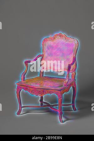 Fauteuil en noyer et hêtre bois avec jambes à angle en forme de S, croix en X avec rosette, fleurs sculptées et leafwork, dossier et assise faite de Reed, avec coussin amovible, fauteuil en noyer et hêtre (ameublement) avec les jambes à angle en forme de S, reliées par une croix en X à l'élingue avec rosette. Les seuils et les règles et les jambes sont décorées avec des motifs de feuilles et fleurs sculptées. Dossier et assise en tissus de l'osier. Coussin séparé de shaved (vert). Moderne, anonyme, France, 1750, en bois (matière végétale), noyer (bois dur), Hêtre (bois), h 96,0 cm h 40,0 cm l 67,0 cm × 60,0 cm d w 60,0 cm × d 49,0 cm Banque D'Images