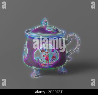 Pot crème avec couvercle, multicolore avec des chinoiseries en retrait quatre étapes dans un fond violet, pot crème avec couvercle de porcelaine peinte. Le pot se tient sur trois pattes de griffe et est presque entièrement recouvert d'une fond violet. Dans le fond, trois quatre étapes sont sauvegardées sur le pot et le couvercle, dans lequel les contours-chinoiseries consistant en une ou deux figures sont peintes. Le pot est marqué., Meissener Porzellan Manufaktur, Meissen, c. 1730 - c. 1735, porcelaine (matériau), h 13.5 cm h 10.4 cm l 13.9 cm × d 11 cm h 4 cm × d 8.5 cm, revisitée par Gibon, design chaleureux et joyeux, brillant de luminosité et rayon lumineux Banque D'Images