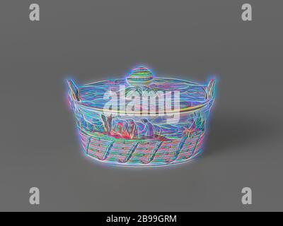 Paire de beurriers beurrier, beurrier avec couvercle coque avec oreilles en forme de coquilles, peint multicolore avec des figures dans un paysage avec des ruines. Un escargot comme un bouton sur le couvercle. 5 en bleu sous-brillant (bas) et 6 et 5 l'un au-dessus de l'autre (intérieur du couvercle). Une copie identique avec invnr appartient au beurre plat, paysages dans la zone tempérée, mollusques: Escargot, anonyme, Delft, c. 1740 - c. 1765, repensé par Gibon, conception de chaleureux gai lumineux et lumineux radiance de rayons. L'art classique réinventé avec une touche moderne. Photographie inspirée par le futurisme, l'embracine Banque D'Images