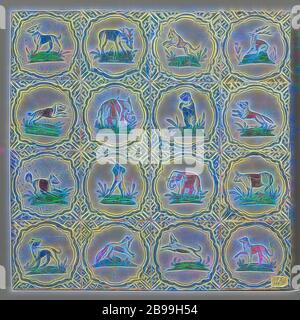 Champ de seize tuiles avec animaux, champ de seize tuiles (4 x 4) chacune avec un animal peint multicolore (bleu, orange, vert, jaune et violet) sur un sol à l'intérieur d'un cercle avec bord festonné. Dans les coins, méandre ornement., anonyme, pays-Bas, c. 1630 - c. 1650, faïence, étain glaçure, h 53 cm × l 53 cm × d 3 cm, repensé par Gibon, design chaleureux et joyeux, brillant de la luminosité et de rayons de lumière radiance. L'art classique réinventé avec une touche moderne. Photographie inspirée par le futurisme, embrassant l'énergie dynamique de la technologie moderne, le mouvement, la vitesse et révolutionnez la culture. Banque D'Images