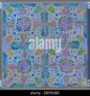 Champ de seize tuiles avec un motif de grappes de raisins, grenades, tulipes et étoiles, champ de seize tuiles (4 x 4) avec un motif multicolore (bleu, vert, jaune, orange et violet) formé de quatre tuiles avec des grenades, bouquet de raisins et tulipes autour d'une étoile. Dans les coins, un quart de rosette., anonyme, pays-Bas, c. 1600 - c. 1625, faïence, étain glaçure, h 54 cm × l 54 cm × d 3 cm, repensé par Gibon, design chaleureux et joyeux, brillant de la luminosité et de rayons de lumière radiance. L'art classique réinventé avec une touche moderne. Photographie inspirée par le futurisme, embrassant l'énergie dynamique Banque D'Images