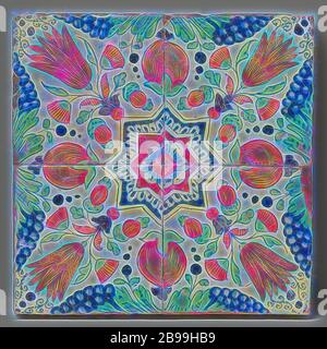 Champ de quatre tuiles avec un motif de grenade, des grappes de raisin, des tulipes et des étoiles, champ de quatre tuiles (2 x 2) avec un motif multicolore (bleu, vert, jaune, orange et violet) formé de quatre tuiles avec des grenades, bouquet de raisins et tulipes autour d'une étoile., anonyme, pays-Bas, c. 1600 - c. 1625, faïence, étain glaçure, h 26.5 cm × l 26.5 cm × t 2.5 cm, repensé par Gibon, design chaleureux et joyeux, brillant de la luminosité et de rayons de lumière radiance. L'art classique réinventé avec une touche moderne. Photographie inspirée par le futurisme, embrassant l'énergie dynamique de la technologie moderne, le mouvement, la vitesse A. Banque D'Images
