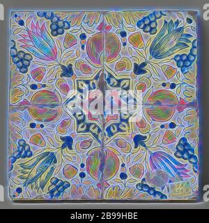 Champ de quatre tuiles (2x2) avec un motif multicolore en bleu, jaune, orange et violet de grenades, de grappes de raisin et de tulipes autour d'une étoile, champ de quatre tuiles (2 x 2) avec un motif multicolore (bleu, orange et violet) avec des grenades, des grappes de raisins et des tulipes autour d'une étoile., anonyme, anonyme, Pays-Bas, c. 1600 - c. 1625, faïence, étain glaçure, h 27 cm × l 27 cm d 3 cm, repensé par Gibon, design chaleureux et gai lumineux rayonnant de luminosité et de rayons lumineux radiance. L'art classique réinventé avec une touche moderne. Photographie inspirée par le futurisme, embrassant l'énergie dynamique du technolo moderne Banque D'Images
