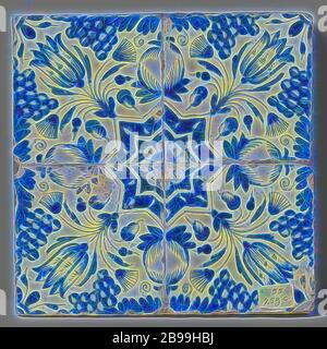 Champ de quatre tuiles avec un motif de grenades, des grappes de raisin, des tulipes et des étoiles, champ de 4 tuiles (2 x 2) avec un motif bleu formé de quatre tuiles avec des grenades, des grappes de raisin et des tulipes autour d'une étoile ., anonyme, pays-Bas, c. 1600 - c. 1625, faïence, étain glaçure, h 27 cm × l 27 cm × d 3 cm, repensé par Gibon, design chaleureux et joyeux, brillant de la luminosité et de rayons de lumière radiance. L'art classique réinventé avec une touche moderne. Photographie inspirée par le futurisme, embrassant l'énergie dynamique de la technologie moderne, le mouvement, la vitesse et révolutionnez la culture. Banque D'Images