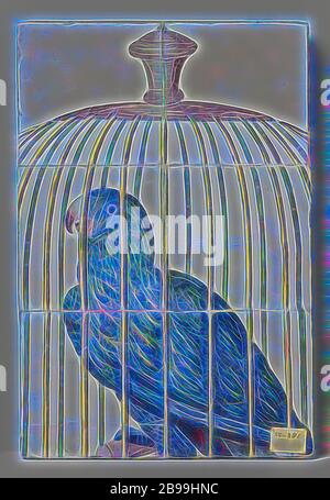 Panneau de carreaux avec perroquet dans la cage, panneau de carreaux de six carreaux (3 x 2) avec un perroquet multicolore (bleu, vert, jaune et violet) dans une cage. Le perroquet et la cage sont partiellement coupés. Il devrait être complètement seize tuiles., anonyme, pays-Bas, c. 1730 - c. 1770, faïence, étain glaçure, h 39 cm × l 26 cm × d 2 cm, repensé par Gibon, design chaleureux et joyeux, brillant de la luminosité et de rayons de lumière radiance. L'art classique réinventé avec une touche moderne. Photographie inspirée par le futurisme, embrassant l'énergie dynamique de la technologie moderne, le mouvement, la vitesse et révolutionnez la culture. Banque D'Images