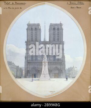 MONUMENT DU PROJET JEANNE D'ARC SUR LA PLACE DE NOTRE DAME, 1903. Pierre-Henri Mayeux. 'Projet de monument à Jeanne d'Arc sur le parvis de notre-Dame, 1903'. Panache, crayon, aquarelle. Paris, musée Carnavalet. Banque D'Images