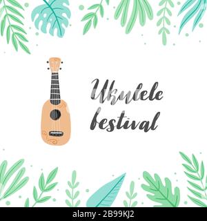 Dessin animé avec texte lettrage pour l'été, modèle d'affiche de musique. Petite guitare avec feuille tropique, décoration florale de style hawaï. Illuataration vectorielle du style dessiné à la main. Illustration de Vecteur