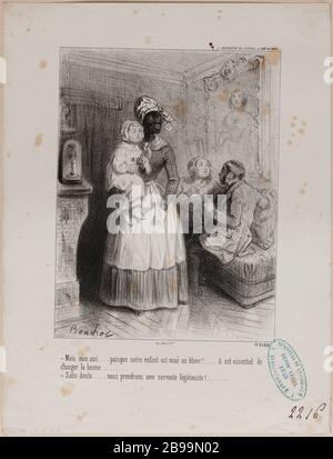 MAIS MON AMI PARCE QUE NOTRE ENFANT EN BLANC VOUE, IL EST ESSENTIEL DE CHANGER BON! Frédéric Bouchot (1798-vers 1860). 'ais mon ami, puisque notre enfant est voué au blanc, il est l'essence de changer la bonne !'. Lithographie. Paris, musée Carnavalet. Banque D'Images