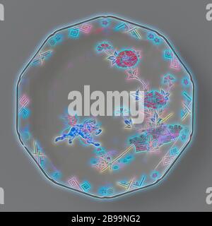Plat décagonal avec shishi et pivoine, plaque décagonale de porcelaine, peinte sur le glaçure en bleu, rouge, vert, jaune, noir et or avec un shishi sur les haies et les pivoines reliées, sur le bord des figures géométriques et des rosettes. Bordure marron. Cinq proen dans la bague de pied. Kakiemon., anonyme, Japon, c. 1670 - c. 1690, époque Edo (1600-1868), porcelaine (matériau), glaçure, or (métal), vitrification, h 4 cm d 24.3 cm d 15 cm, repensé par Gibon, conception de lumière chaude et gaie rayonnant de la brillance et de la radiance des rayons de lumière. L'art classique réinventé avec une touche moderne. Photographie inspirée par le futurisme, embrac Banque D'Images