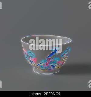 Coupe avec des oiseaux de choo, coupe ronde en porcelaine, peinte sur le glaçure en bleu, rouge, vert, jaune, noir et or avec une paire d'oiseaux de choo, un dans le ciel et un sur une roche avec une branche de fleur. À l'intérieur d'une rosette sur le fond, dans un double cercle en rouge et or. Kakaemon style., anonyme, Japon, c. 1670 - c. 1700, époque Edo (1600-1868), porcelaine (matériau), glaçure, or (métal), vitrification, h 4.4 cm d 7.1 cm d 3.5 cm, repensé par Gibon, conception de lumière chaude et gaie rayonnant de la brillance et de la radiance des rayons de lumière. L'art classique réinventé avec une touche moderne. Photographie inspirée par le futurisme, l'embracine Banque D'Images