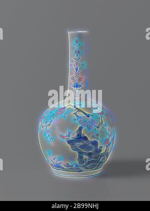 Vase en bouteille avec plantes à fleurs près des rochers, vase en porcelaine en forme de bouteille avec un corps sphérique et un long col étroit, peint en bleu sous-glaçure et sur le bleu, le rouge, le vert, le noir et l'or. Sur le ventre plantes à fleurs (prunus, bambou) sur des rochers, des nuages et des oiseaux. Deux fois une tête de lotus stylisée sur le cou. Kakaemon style., anonyme, Japon, c. 1675 - c. 1699, époque Edo (1600-1868), porcelaine (matériau), glaçure, cobalt (minéral), or (métal), vitrification, h 19.6 cm, réimaginé par Gibon, conception de lumière chaude et gaie brillant de la luminosité et de rayons de lumière radiance. L'art classique réinventé avec Banque D'Images