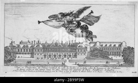 VUE ET PERSPECTIVE DU PALAIS DU JARDIN DE LA CÔTE CARDINAL, PUIS DU LOUVRE ET DES TUILES DE DIFFÉRENTS CÔTÉS, ET D'AUTRES LIEUX DES PLUS CURIEUX AUTOUR DE PARIS Israël Silvestre (1621-1664), Stefano della Bella dit de la Belle Etienne (1610-1664), Israël Henriet (1590-1661). 'Vue et perspective du Palais Cardinal du côté du jardin, et salle de bains celles du Louvre et des Tuileries de plongeurs hôtels, et des autres lieux les plus curieux des environs de Paris.' Eau-forte, 1650-1655. Paris, musée Carnavalet. Banque D'Images