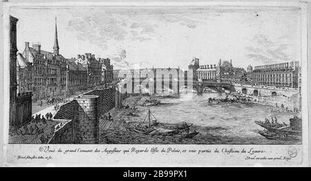 GRAND VUE COUVENT AUGUSTINS QUI REGARDE LE PALAIS DE L'ÎLE ET UNE PARTIE DU CHÂTEAU LOUVRE Israël Silvestre (1621-1691) et Israël Henriet (1590-1661). 'Vue du grand couvent des Augustins qui regarde l'île du Palais et une partie du château du Louvre'. Eau-forte, 1650-1655. Paris, musée Carnavalet. Banque D'Images